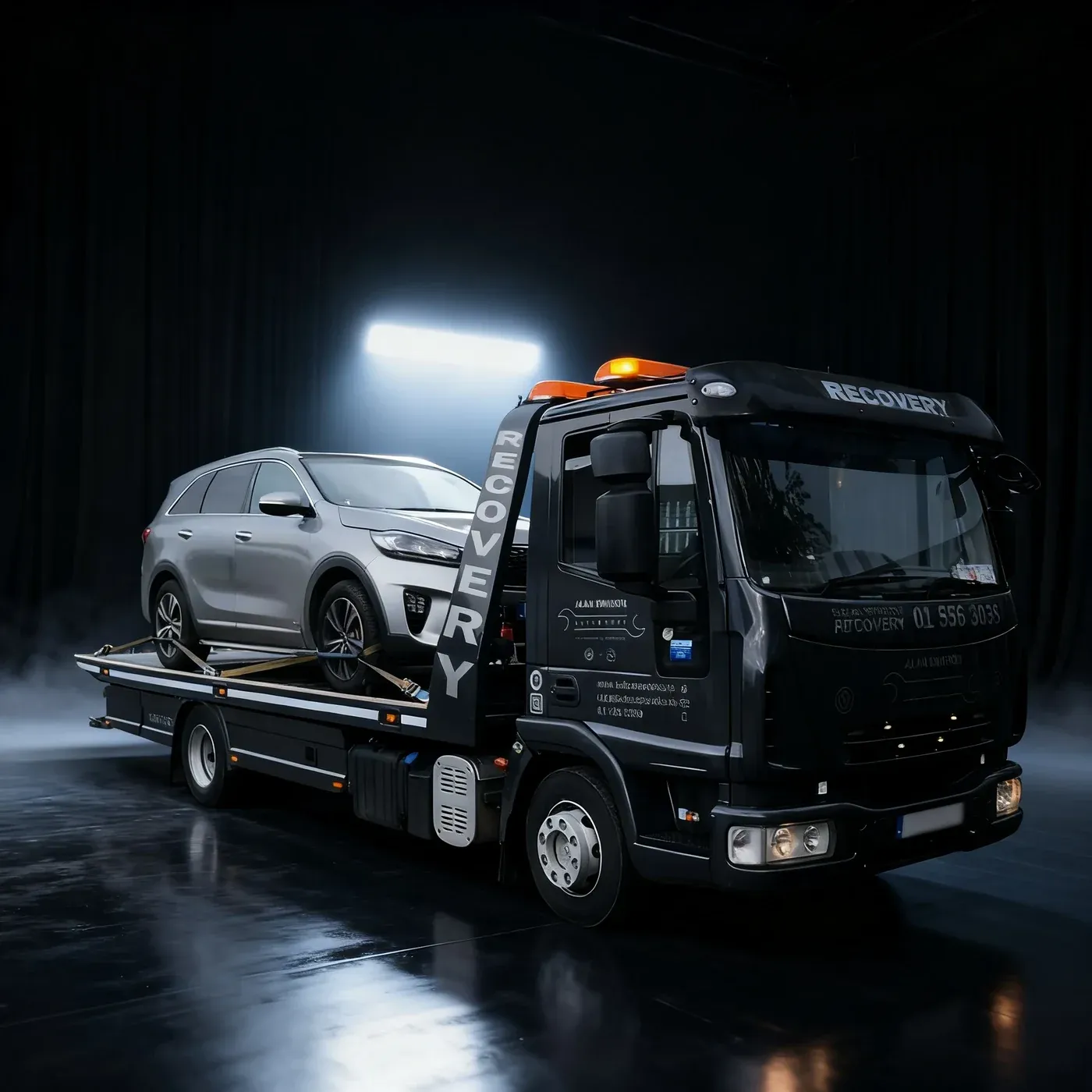The Alan Dawson Autoworks recovery truck loading a Kia Sorento