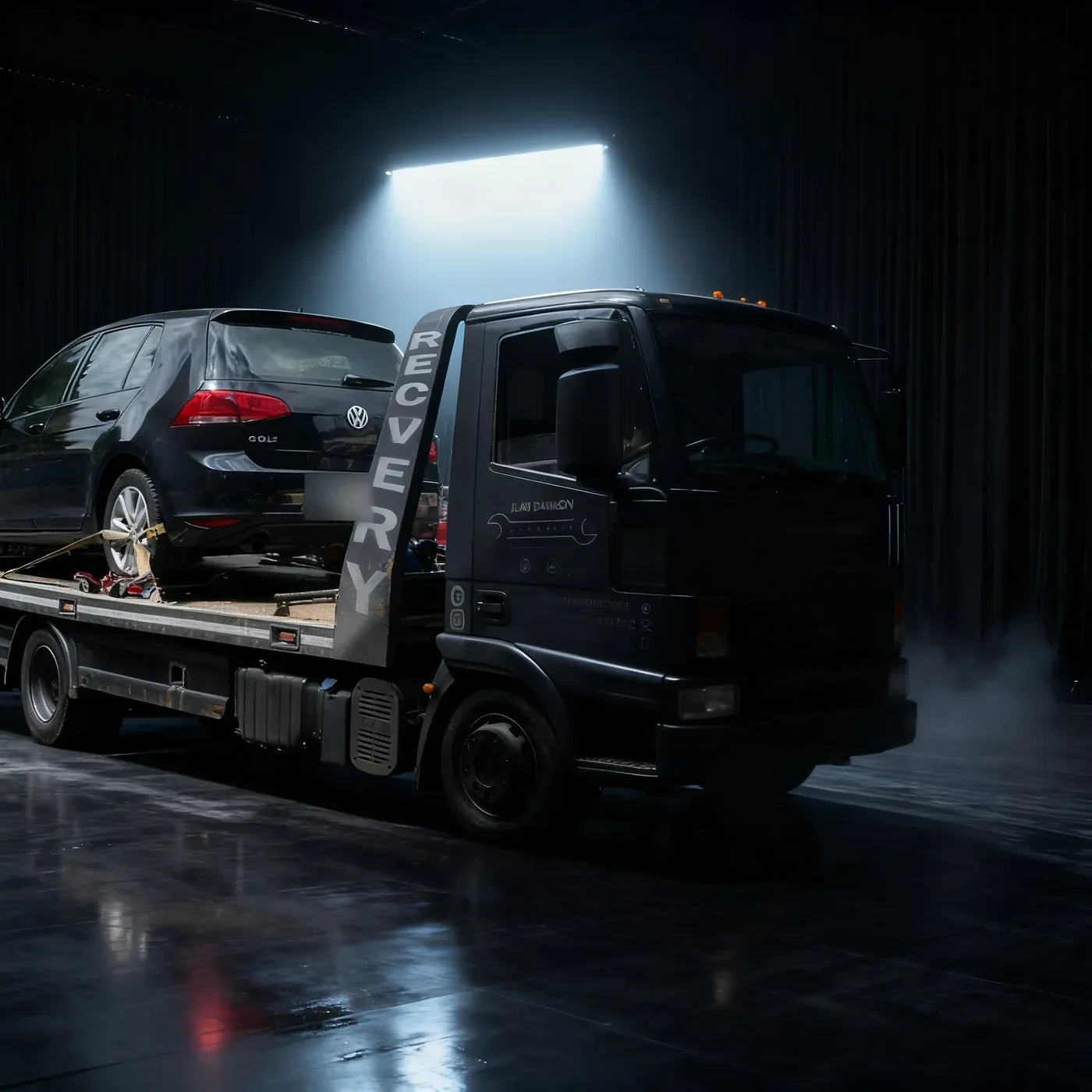 Volkswagen Golf strapped down on the Alan Dawson Autoworks flatbed after a breakdown